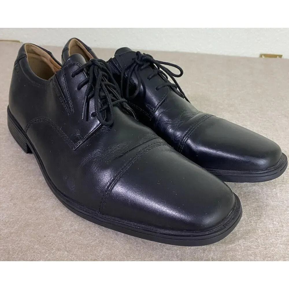 Men's Clarks Tilden Cap Oxford Black Leather Dress Shoes Sz 10 Cushion Ortholite